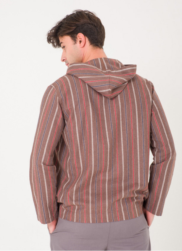 Shepherd Button Detailed Hooded Brown Striped Men's Shirt